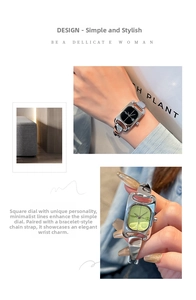 Detail of square dial women's watch with bracelet strap and minimalist metal finish