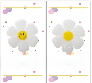Detail view of large white daisy foil balloon showing 111x104cm size and smile face design