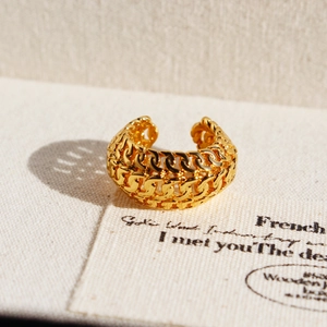 Gold plated chunky woven chain open ring with bold metallic texture for unisex fashion style