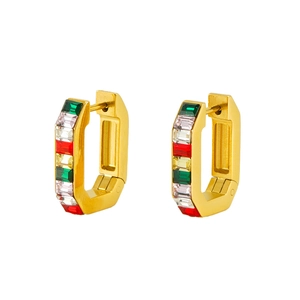Gold geometric hoop earrings with colorful rectangular zircons on white background
