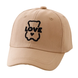Kids khaki cotton baseball cap with embroidered LOVE bear pattern for outdoor sun protection