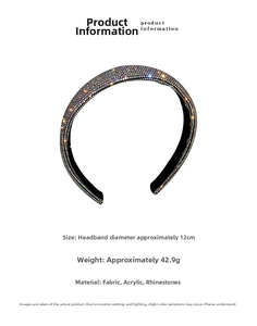 Detailed view of the rhinestone headband with fabric base showing size and weight specs