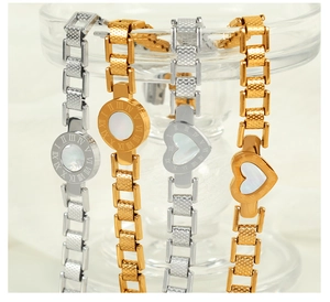 Macro shot of 18K gold plated chain with Roman numerals and white mother-of-pearl