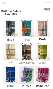 Collage of striped checkered scarves with long tassels showing nine color options