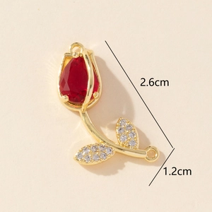 Golden tulip connector with red teardrop gem and rhinestones for DIY jewelry making