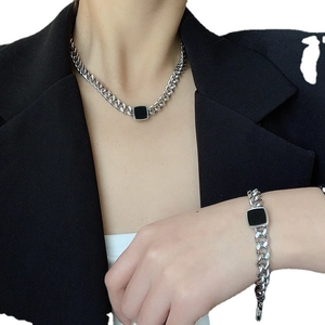 Silver Cuban chain necklace and bracelet set with black square stone pendant for women
