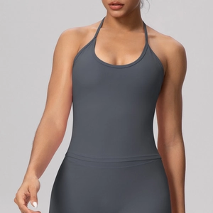Detail of dark grey halter yoga vest showing seamless fabric and flattering neckline