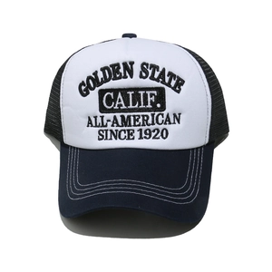 Detail of navy and white trucker hat featuring high-quality Golden State embroidery
