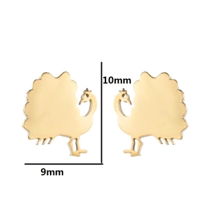 Golden peacock animal stud earrings in stainless steel, dimensions 10mm by 9mm a pair