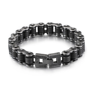 Men's vintage bicycle chain bracelet in dark grey stainless steel with fold-over clasp