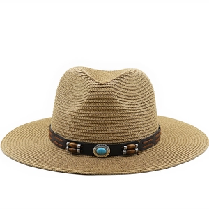 Classic unisex straw panama hat with turquoise bead band and sun protection