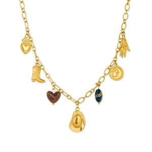 Vintage gold-plated cowboy themed necklace featuring boot, hat, and moon charms
