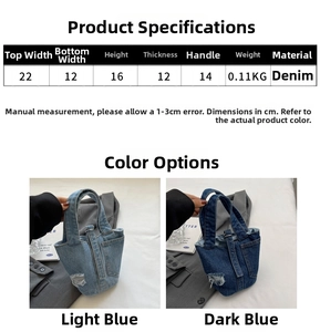 Detailed size parameters and dimensions for the denim bucket bag shown with measurements