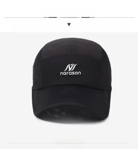 Detail of breathable mesh fabric and white narason logo on a black quick-dry sports cap