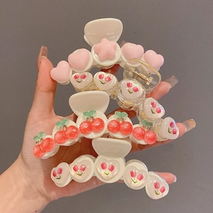 Cute gummy bear and heart hair claw clips with cherry and tulip patterns for women