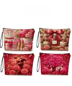 Detailed pattern display of Valentine's makeup bags with romantic rose and angel prints