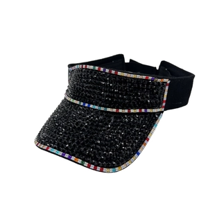 Stylish black sun visor hat with sparkling rhinestones and colorful beaded edge trim