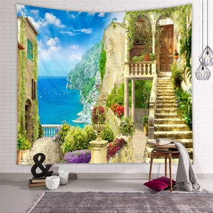 Detail of Mediterranean landscape wall tapestry hung on a white brick wall in a cozy room