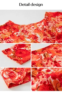 Detail design of floral print blouse showing pleated neckline and light fabric texture