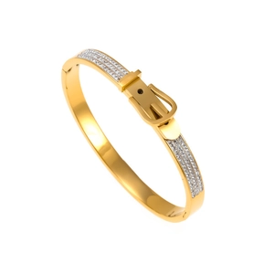 Polished 18K gold plated stainless steel belt buckle bracelet with sparkling pavé crystals