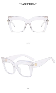 Detailed views of transparent square eyeglass frames with gold hinges and metal accents