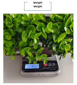 Close-up of artificial green eucalyptus wreath being weighed showing 432g on a scale