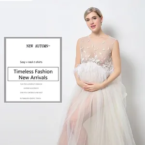 Maternity Photography Dress Lace Mesh Feather Embroidery Sleeveless Gown For Photo Shoot Pregnant Women Romantic Elegant