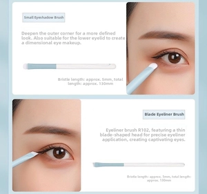 Detail of R102 eyeshadow and blade eyeliner brush with measurements and makeup effect