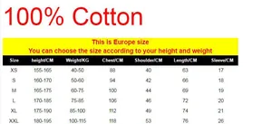 European size chart for 100% cotton T-shirt with height and weight guide