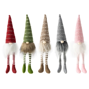 Set of five Christmas gnome plush decorations with striped long legs and knitted hats