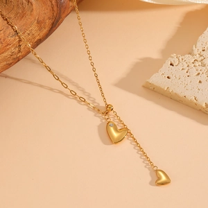 18k gold plated stainless steel heart tassel necklace with Y-shape paperclip chain