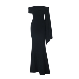 Detailed flat lay of an off-shoulder black fishtail maxi dress with a slim-fit silhouette