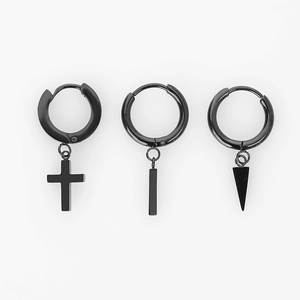 Set aus schwarzen Edelstahl-Ohrringen mit Kreuz-, Stab- und Dreiecksanhängern für Unisex