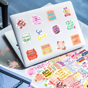 Inspirational pink vinyl stickers for laptop with positive English quotes and lettering