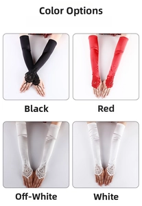 Long fingerless satin bridal gloves with lace embroidery in black, red, beige, and white