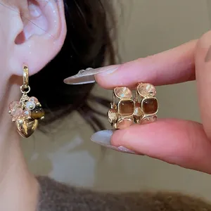 Tiger eye heart fringe earrings with pink crystal and pearl accents in vintage gold
