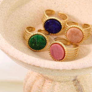 Adjustable golden stainless steel rings set with colorful natural stones and woven texture