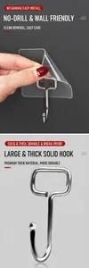 Close-up of thick solid metal hook with transparent self-adhesive backing for walls