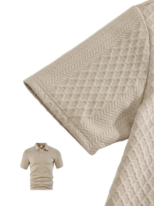 Detailed macro view of the knitted jacquard texture on this khaki men's polo shirt
