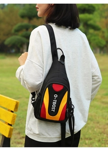 Outdoor multi-functional chest bag with adjustable strap shown on female model