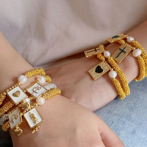 Bohemian Beaded Bracelet With Copper Artificial Pearl Cross Heart Virgin Mary Enamel Pendant Vintage Religious Jewelry For Women