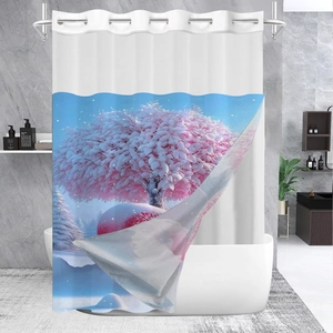 Detail view of double-layer waffle fabric shower curtain with winter pink snow tree pattern