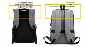 Comparison of ergonomic waist support and simple strap design on grey laptop backpacks