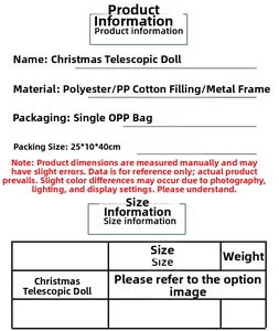 Detailed product specification table for telescopic Christmas doll with polyester materials