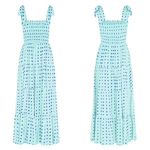Detailed front and back view of mint green tiered dress with navy dots and smocked bodice