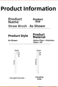 Detailed size chart for 5mm nylon straw cleaning brushes with stainless steel handles