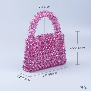 Detailed size specifications for fuchsia beaded acrylic trapezoid handbag with measurements