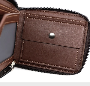 Detailed view of men's brown leather wallet with card slots, coin pocket, and zipper