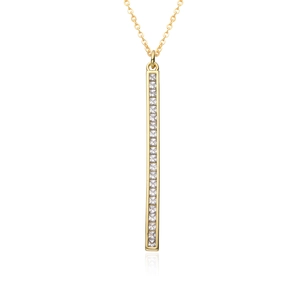 Detailed view of a gold-plated vertical bar necklace with pavé-set square cubic zirconia