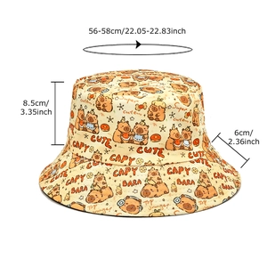 Cute Capybara print cotton bucket hat for women in beige featuring a 56-58cm circumference